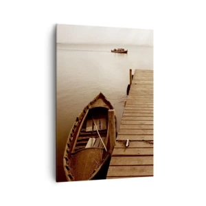 Impression sur toile - Image sur toile - Jetée en bois et bateau sur un lac calme - 70x100cm - Le grand silence - Décoration murale moderne pour le salon et la chambre ARTTOR