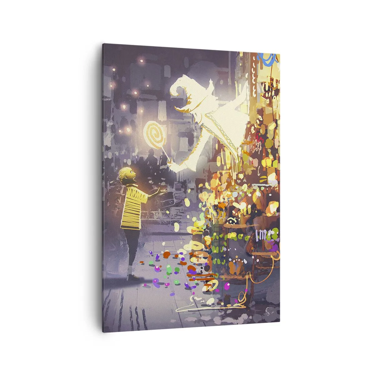 Impression sur toile - Image sur toile - Un personnage de conte de fées et un enfant dans une rue pleine de lumières et de magie - 70x100cm - La magie existe - Décoration murale moderne pour le salon et la chambre ARTTOR