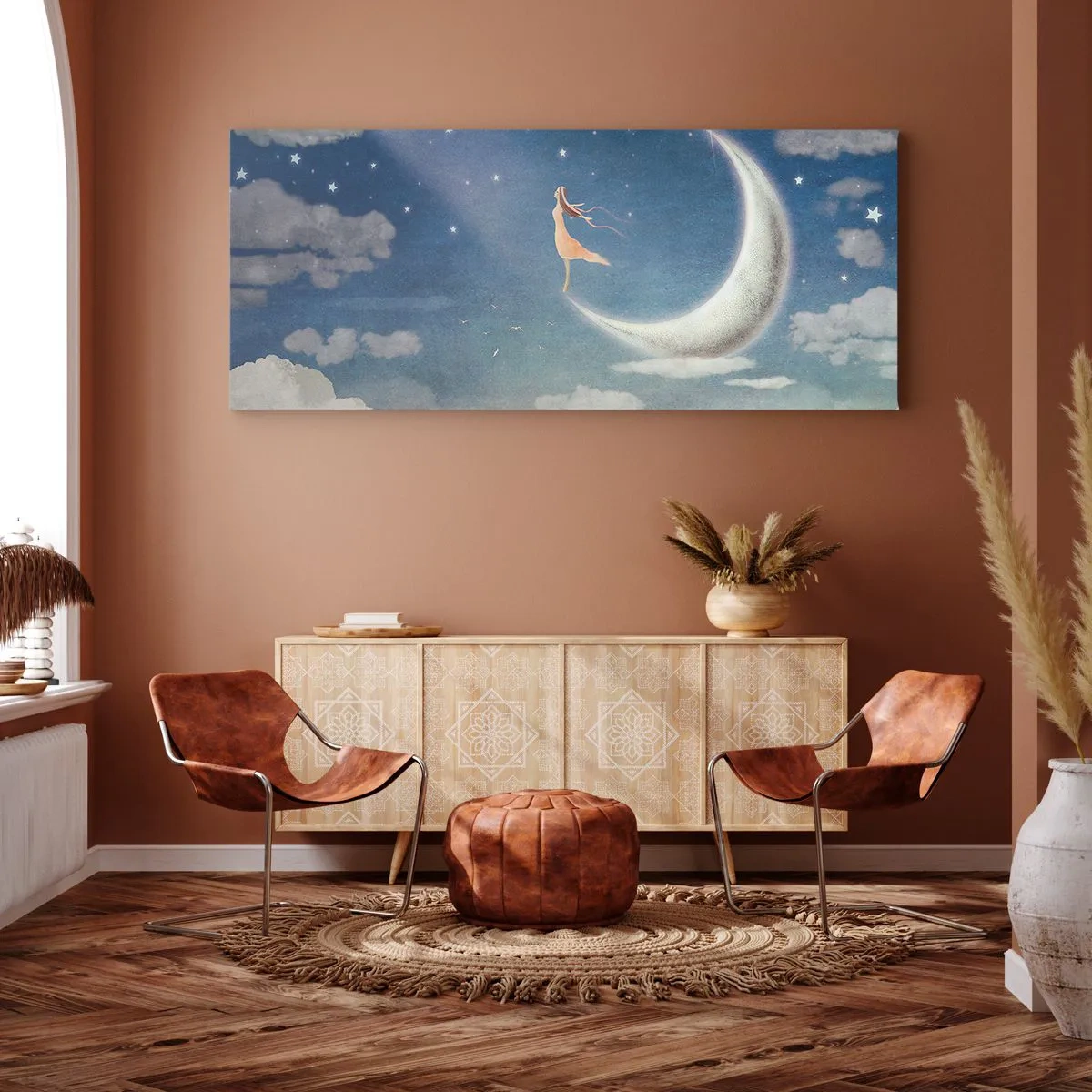 Impression sur toile - Image sur toile - Une femme dans la lune entourée d'étoiles et de nuages - 140x50cm - Valise bleue - Décoration murale moderne pour le salon et la chambre ARTTOR