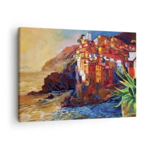 Impression sur toile - Image sur toile - Maisons colorées sur une falaise au-dessus de la mer - 70x50cm - Climats italien - Décoration murale moderne pour le salon et la chambre ARTTOR