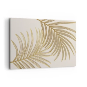 Impression sur toile - Image sur toile - Feuilles de palmier dorées sur fond clair dans un style minimaliste - 100x70cm - Palme d'or! - Décoration murale moderne pour le salon et la chambre ARTTOR