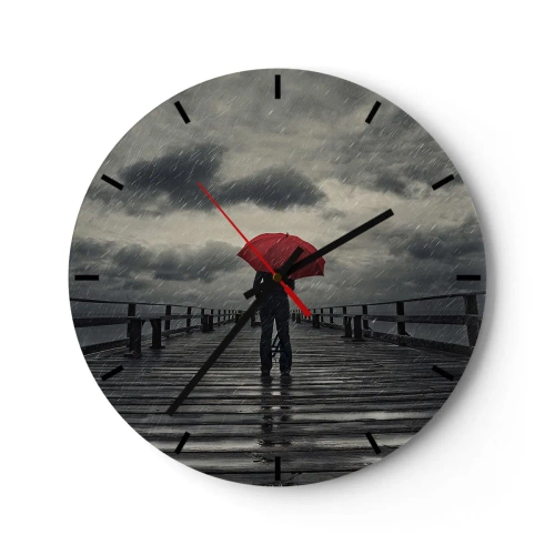 Horloge murale - Pendule murale - Une personne avec un parapluie rouge sur une jetée un jour de pluie. - 30x30cm - Peu importe qu'il pleuve - Décoration murale moderne pour le salon, la cuisine et la chambre ARTTOR