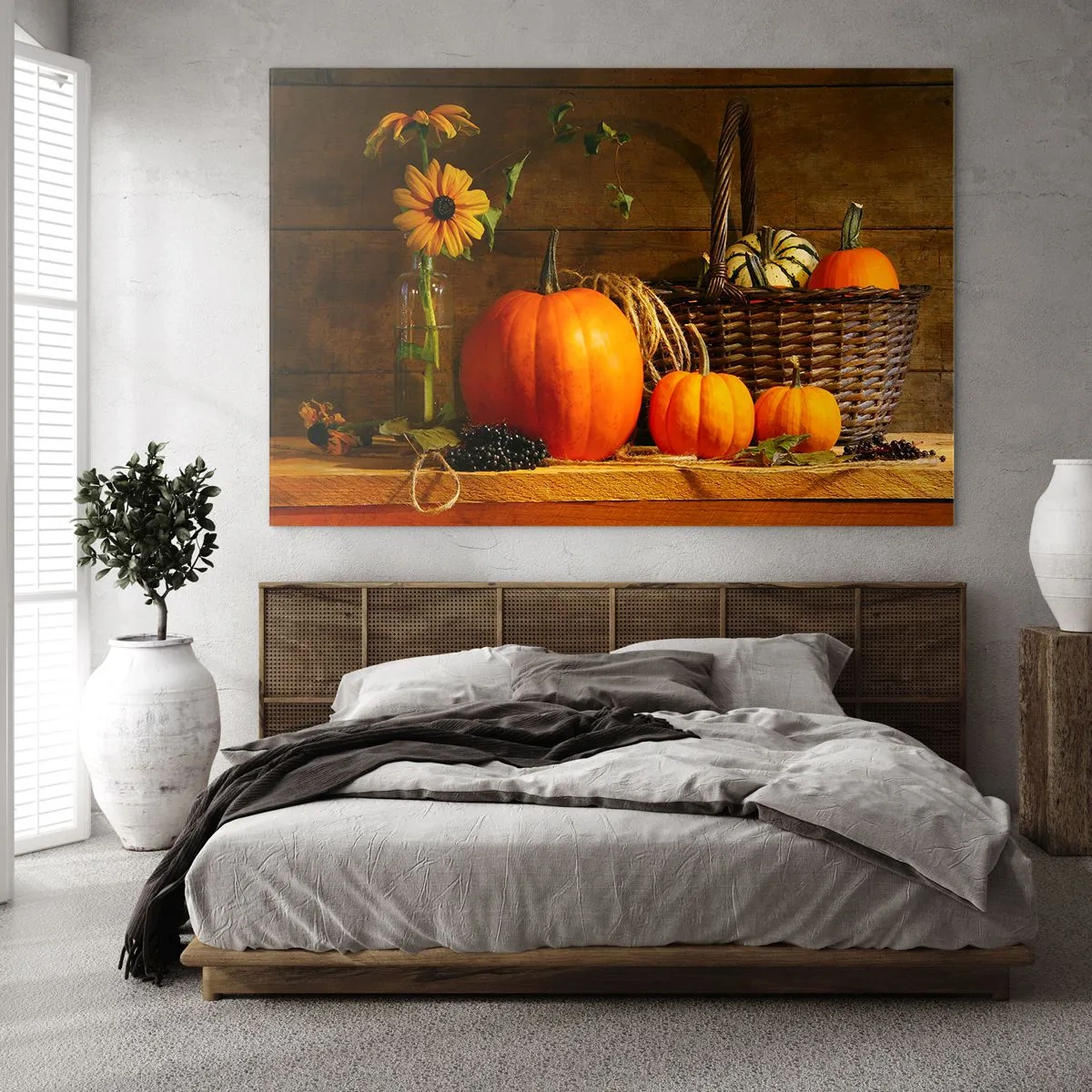 Impression sur verre - Image sur verre - Nature morte d'automne avec citrouilles et fleurs - 70x50cm - Une composition rustique - cadeaux d'automne - Décoration murale moderne pour le salon et la chambre ARTTOR