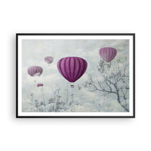 Affiche dans un cadre noir - Poster - Des ballons violets flottant au-dessus des arbres dans les nuages - 100x70cm - Comme des navires dans le ciel - Décoration murale moderne pour le salon et la chambre ARTTOR