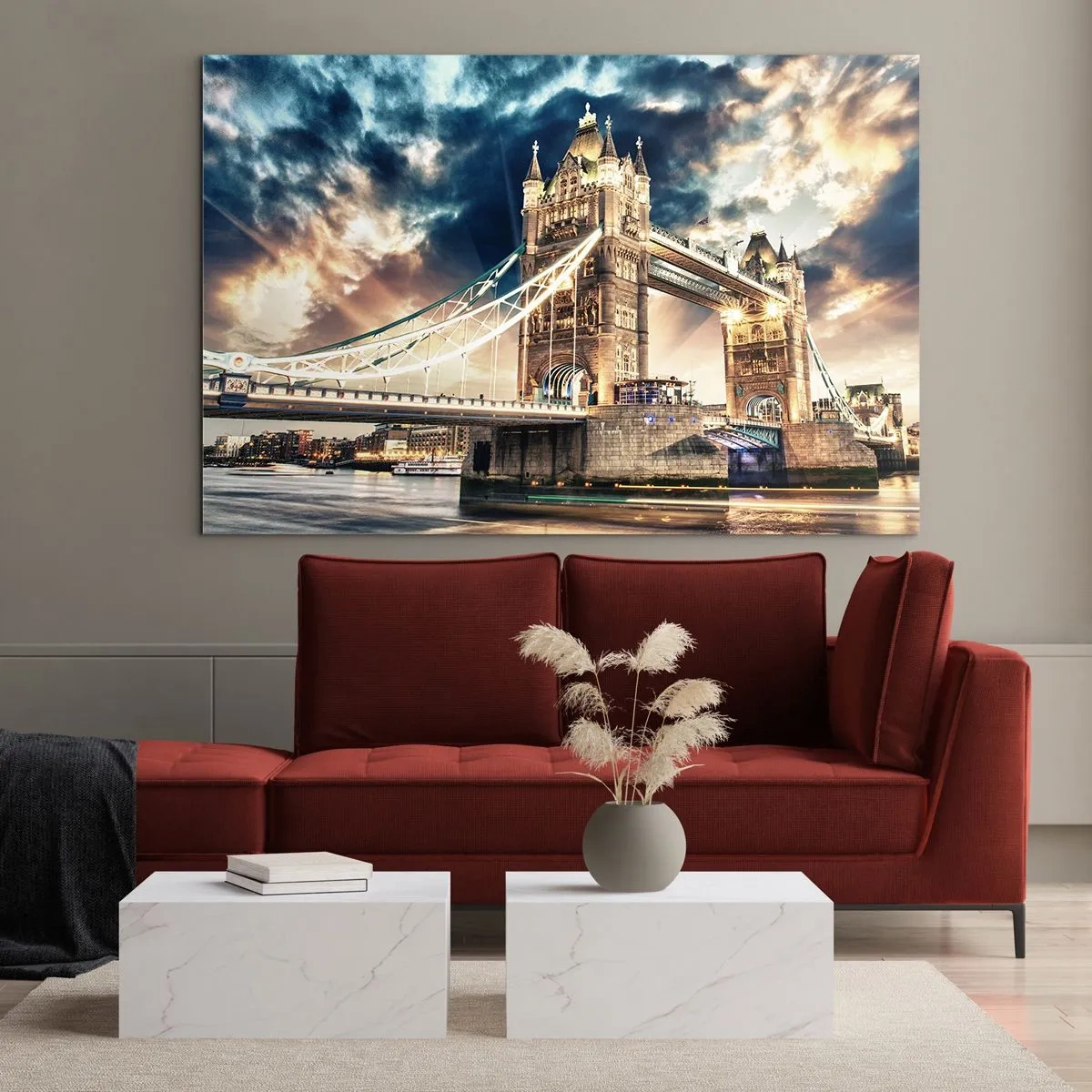 Impression sur verre - Image sur verre - Le Tower Bridge à Londres sous un ciel dramatique - 100x70cm - Monument de l'empire victorien - Décoration murale moderne pour le salon et la chambre ARTTOR