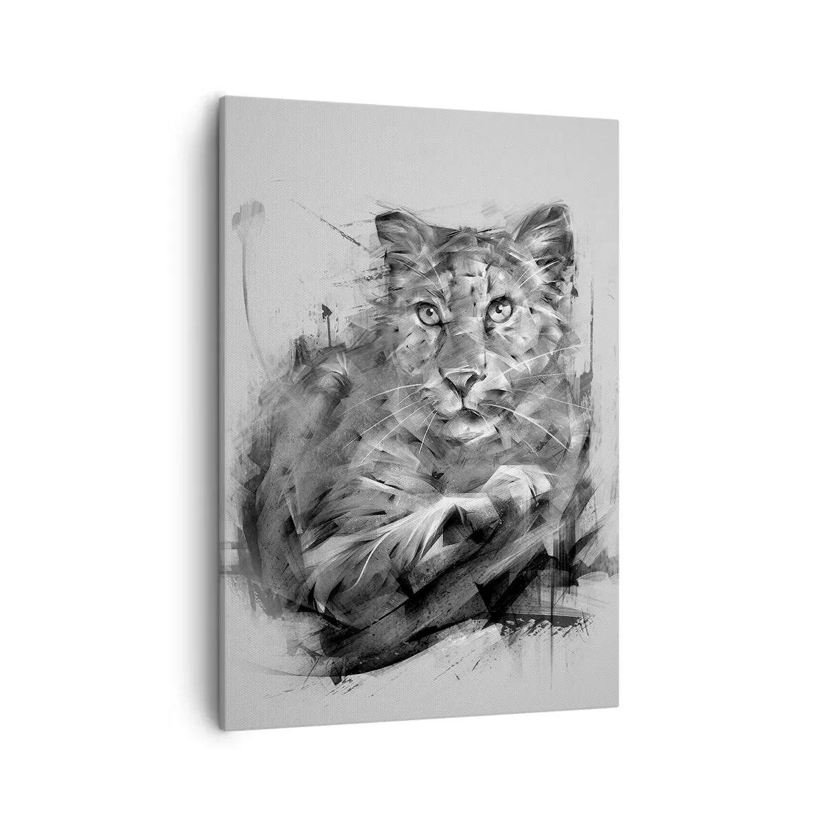 Impression sur toile - Image sur toile - Portrait noir et blanc d'un lion dans un style artistique avec des traits dynamiques. - 50x70cm - Oui, j'écoute attentivement - Décoration murale moderne pour le salon et la chambre ARTTOR