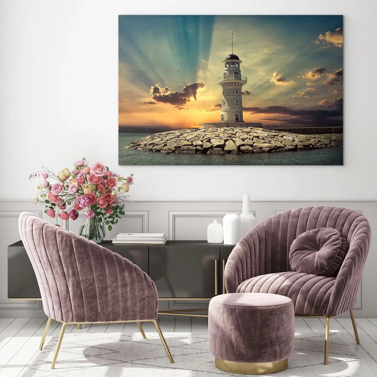 Impression sur verre - Image sur verre - Un phare sur fond de soleil couchant - 120x80cm - Lumière - Bonté - Beauté - Décoration murale moderne pour le salon et la chambre ARTTOR