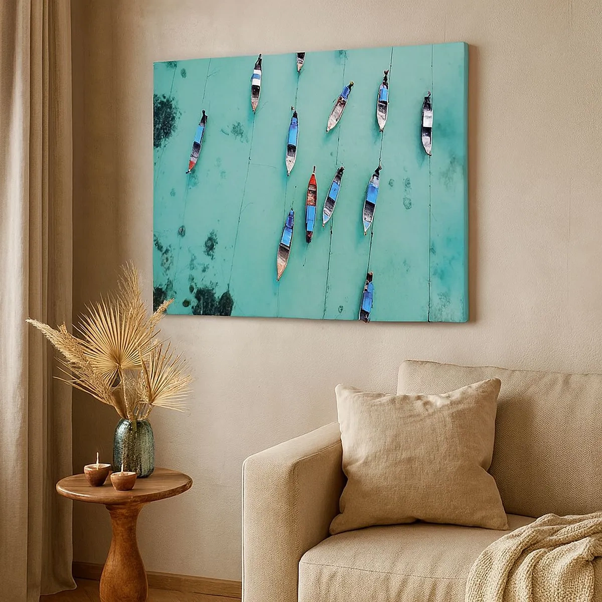 Impression sur toile - Image sur toile - Vue aérienne de bateaux sur une eau turquoise - 70x50cm - Dans une attente jouyeuse - Décoration murale moderne pour le salon et la chambre ARTTOR
