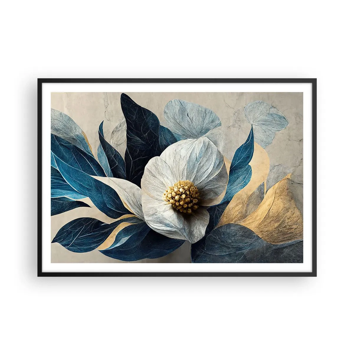 Affiche dans un cadre noir - Poster - Une fleur aux feuilles bleues sur un fond élégant - 100x70cm - Il a un coeur d'or - Décoration murale moderne pour le salon et la chambre ARTTOR