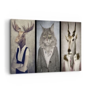 Impression sur toile - Image sur toile - Un triptyque avec des figures animales en vêtements élégants sur un fond stylisé - 120x80cm - La fourrure revient à la mode - Décoration murale moderne pour le salon et la chambre ARTTOR