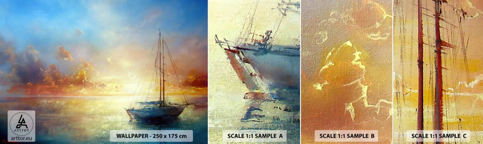 Échantillon de Papier Peint Autocollant Deluxe Sticker - Dans une baie dorée - Voilier, Paysage, Mer - 100x30 cm