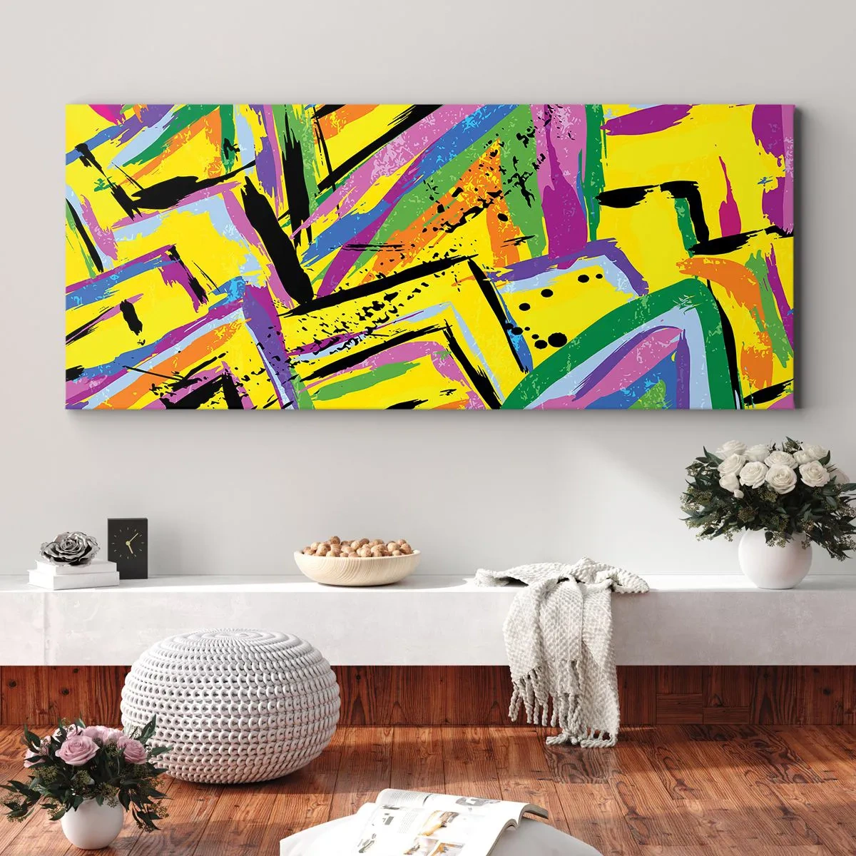 Impression sur toile - Image sur toile - Abstraction vivante aux couleurs vives et aux formes dynamiques - 140x50cm - Jusqu'à ce qu'il crie de joie - Décoration murale moderne pour le salon et la chambre ARTTOR