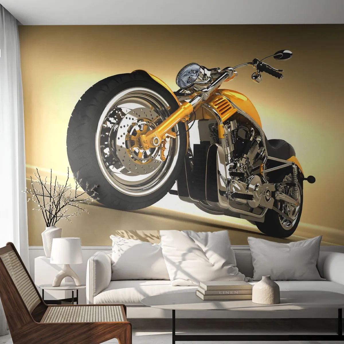 Papier Peint Photo Premium Sand - Chopper jaune sur fond dégradé doré - 100x70cm - Un rêve de force et de vitesse - Décoration murale moderne pour le salon et la chambre ARTTOR
