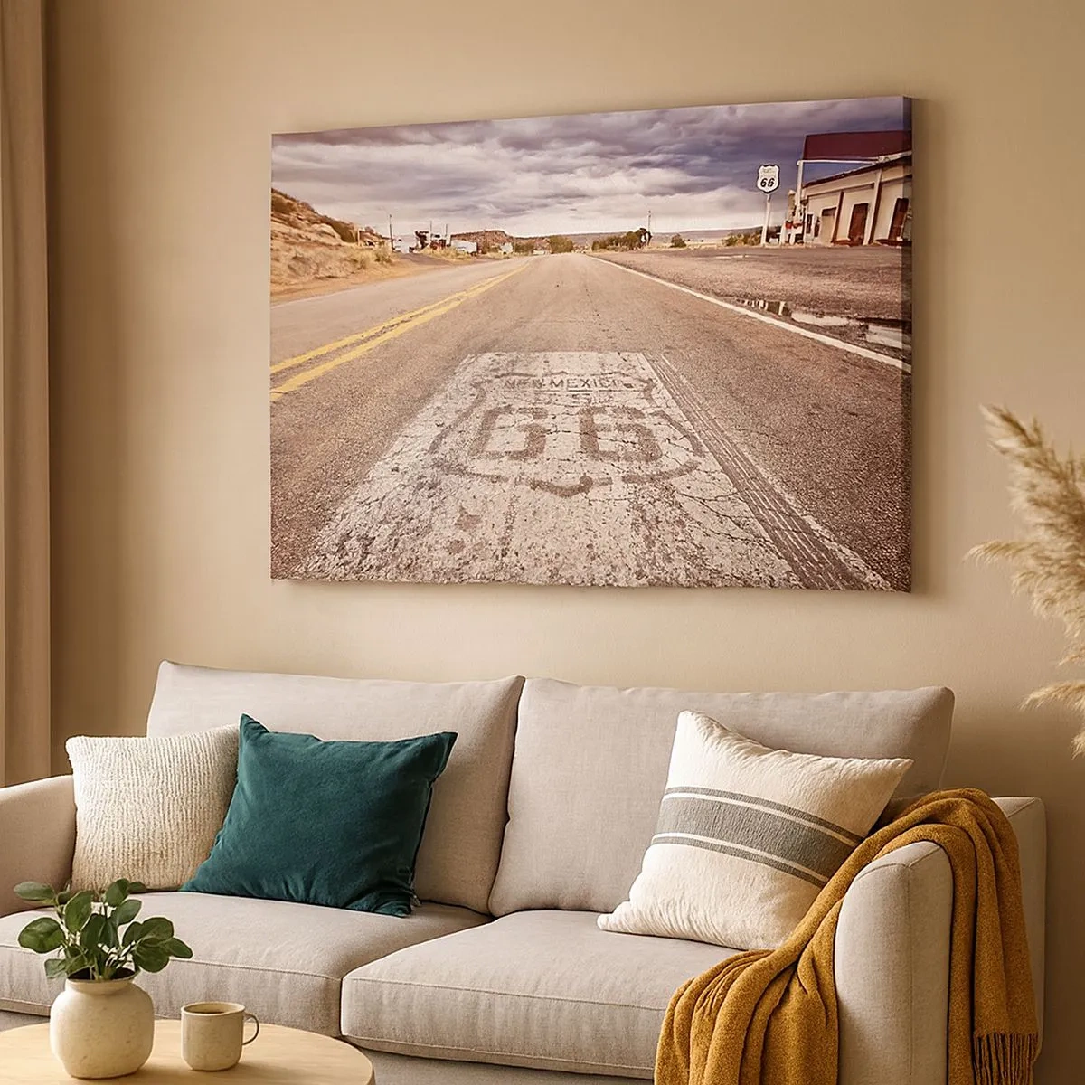 Impression sur toile - Image sur toile - Route 66 dans un climat désertique avec un ciel pittoresque - 70x50cm - Mother Road - une légende américaine - Décoration murale moderne pour le salon et la chambre ARTTOR