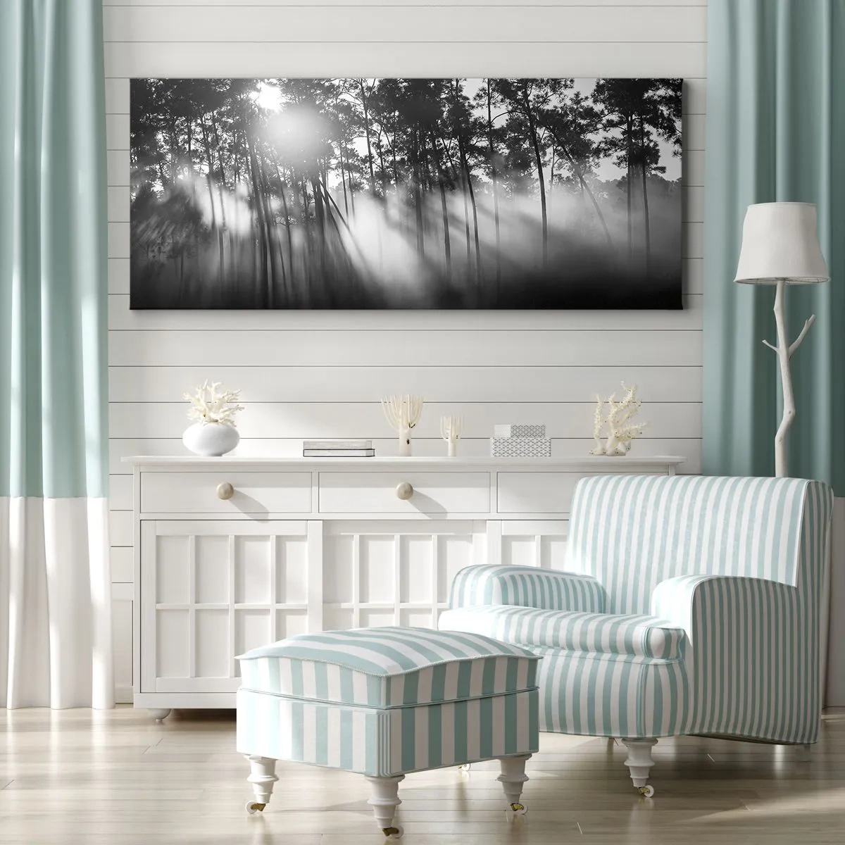 Impression sur toile - Image sur toile - Forêt noire et blanche dans le brouillard du matin - 120x50cm - Soleil inarrêtable - Décoration murale moderne pour le salon et la chambre ARTTOR