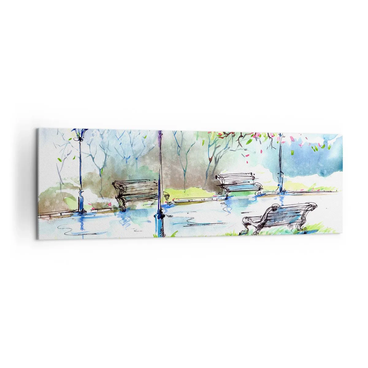 Impression sur toile - Image sur toile - Scène de parc à l'aquarelle avec bancs et lampes - 160x50cm - Le charme du silence d'un parc - Décoration murale moderne pour le salon et la chambre ARTTOR