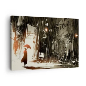 Impression sur toile - Image sur toile - Une figure rouge avec un parapluie dans une scène pluvieuse - 70x50cm - La poésie du parapluie rouge - Décoration murale moderne pour le salon et la chambre ARTTOR