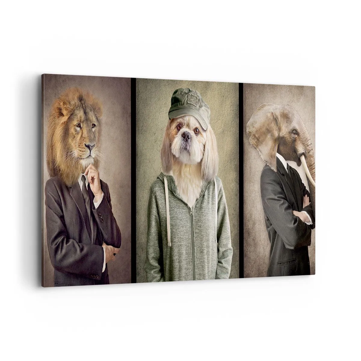 Impression sur toile - Image sur toile - Portraits stylisés d'un lion, d'un chien et d'un éléphant dans des vêtements élégants - 100x70cm - je préfère plus détendu - Décoration murale moderne pour le salon et la chambre ARTTOR