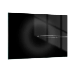 Impression sur verre - Image sur verre - Un avion à réaction sur fond noir avec une traînée de condensation - 120x80cm - Dans une autre dimension - Décoration murale moderne pour le salon et la chambre ARTTOR