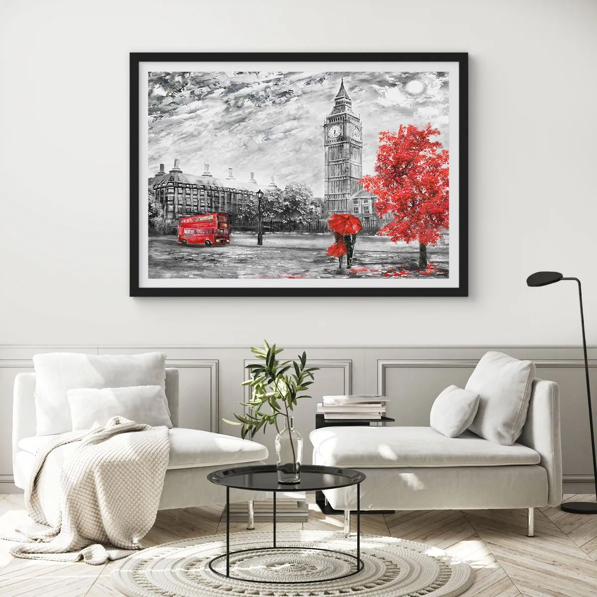 Affiche dans un cadre noir - Poster - Vue emblématique de Londres avec Big Ben, un bus rouge et un parapluie - 100x70cm - Une journée passionnante - Décoration murale moderne pour le salon et la chambre ARTTOR