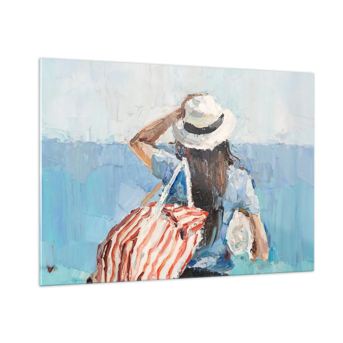 Impression sur verre - Image sur verre - Une femme avec un sac rayé regardant la mer par une journée ensoleillée. - 100x70cm - Bienvenue à vos vacances - Décoration murale moderne pour le salon et la chambre ARTTOR