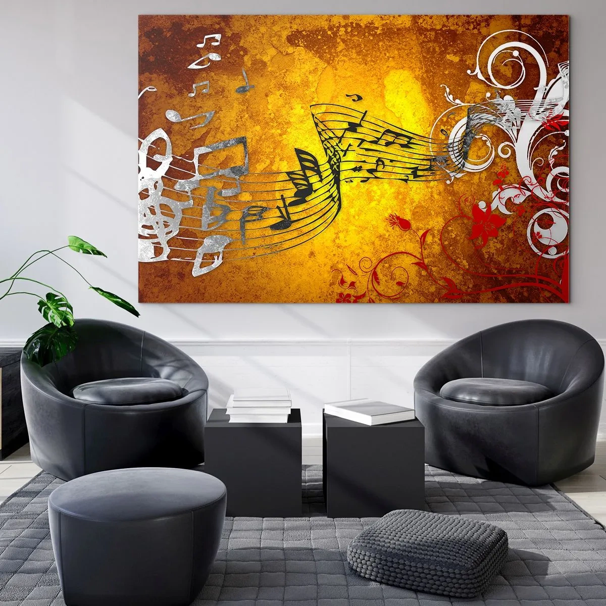 Impression sur verre - Image sur verre - Motifs musicaux sur fond d'ornements dorés - 100x70cm - Que la musique coule - Décoration murale moderne pour le salon et la chambre ARTTOR