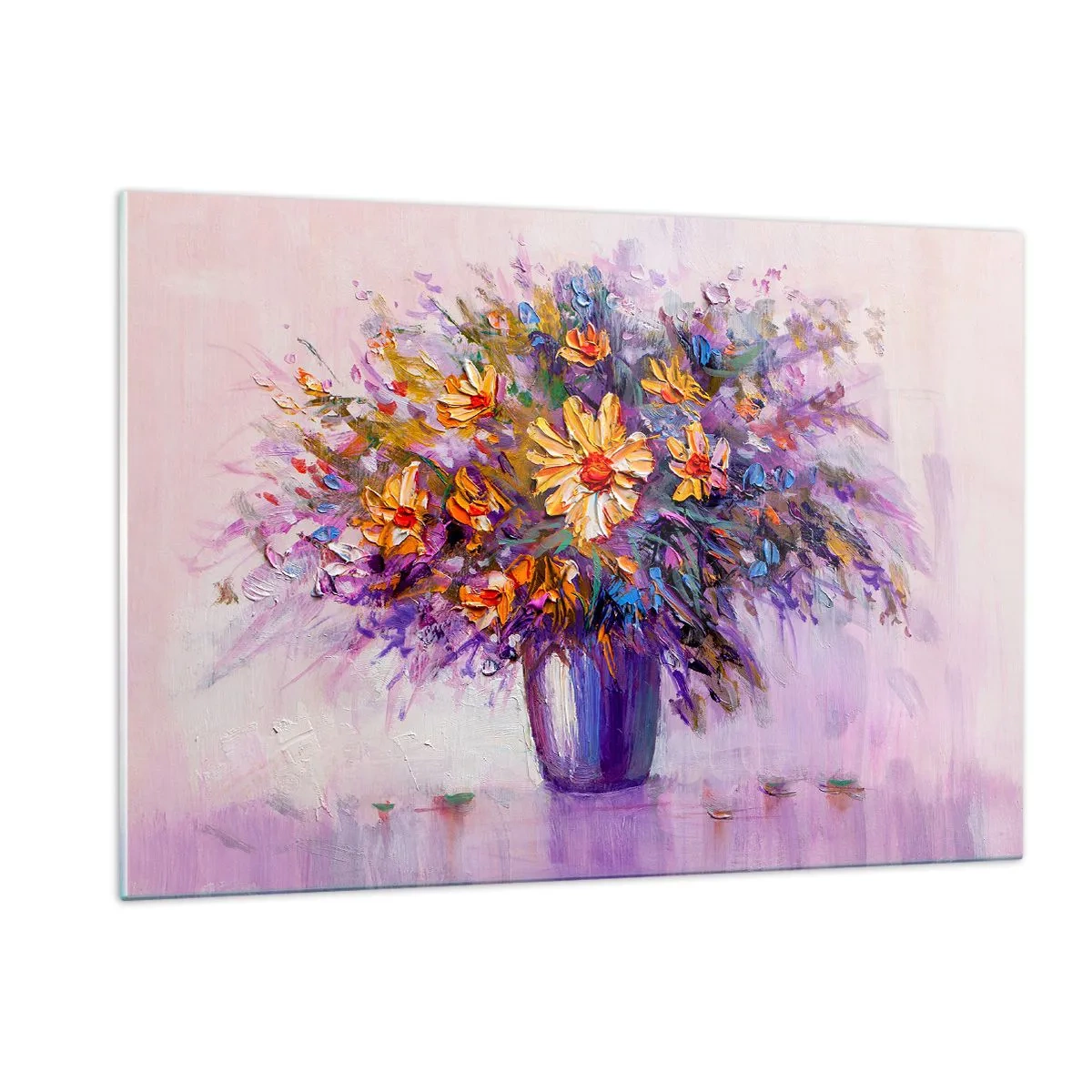 Impression sur verre - Image sur verre - Un bouquet de fleurs colorées dans un vase sur un fond pastel - 120x80cm - Ça sent bon, ça a l'air doux - Décoration murale moderne pour le salon et la chambre ARTTOR