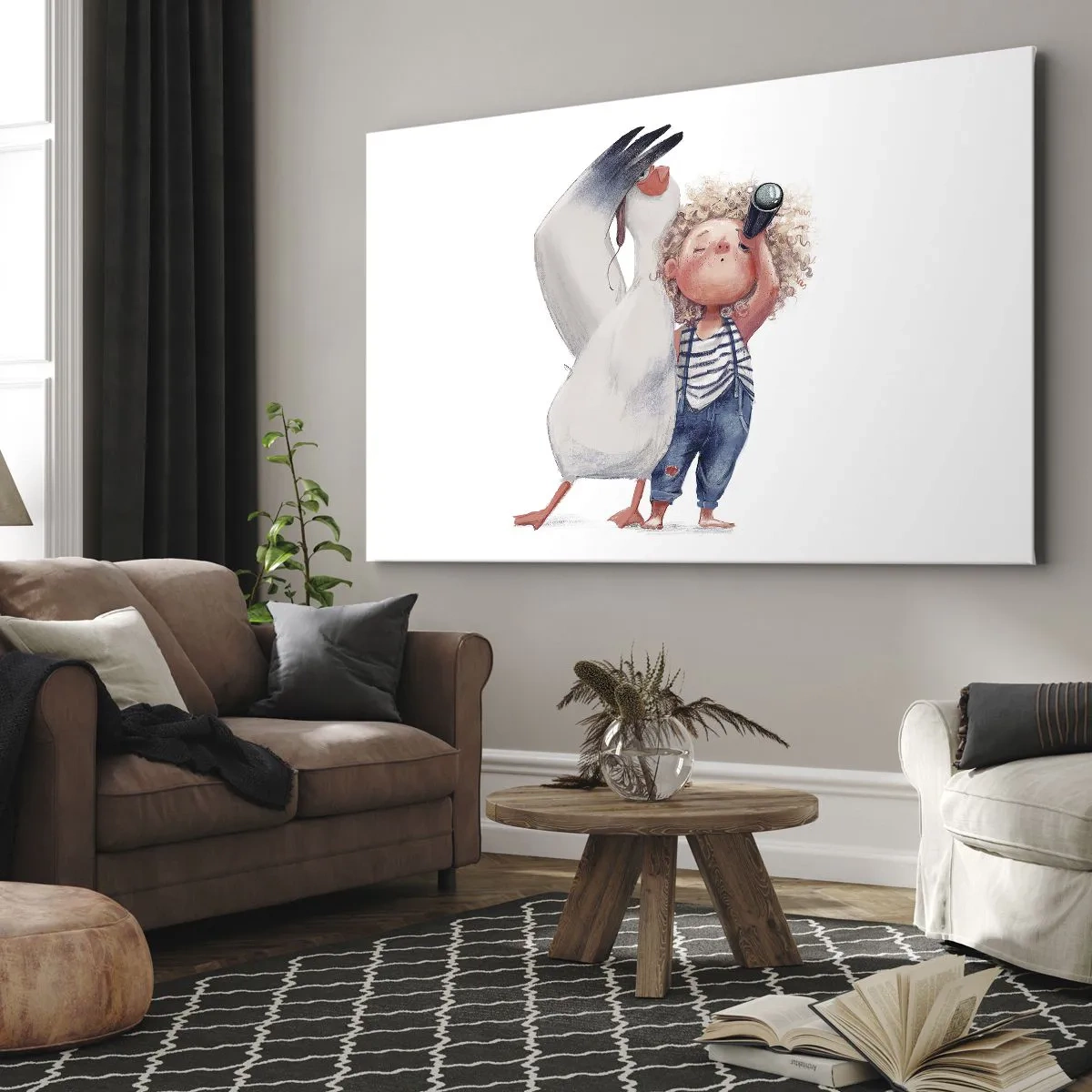 Impression sur toile - Image sur toile - Illustration d'un enfant avec un pélican et un télescope à la main - 70x50cm - Plan de grand voyage - Décoration murale moderne pour le salon et la chambre ARTTOR