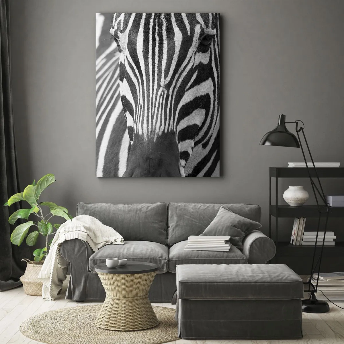 Impression sur toile - Image sur toile - Gros plan noir et blanc d'un zèbre avec ses rayures distinctives. - 50x70cm - Le monde est noir et blanc - Décoration murale moderne pour le salon et la chambre ARTTOR