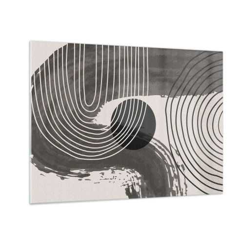Impression sur verre - Image sur verre - Abstraction moderne avec des lignes noires et blanches et un ovale - 70x50cm - L'ovale gagne - Décoration murale moderne pour le salon et la chambre ARTTOR
