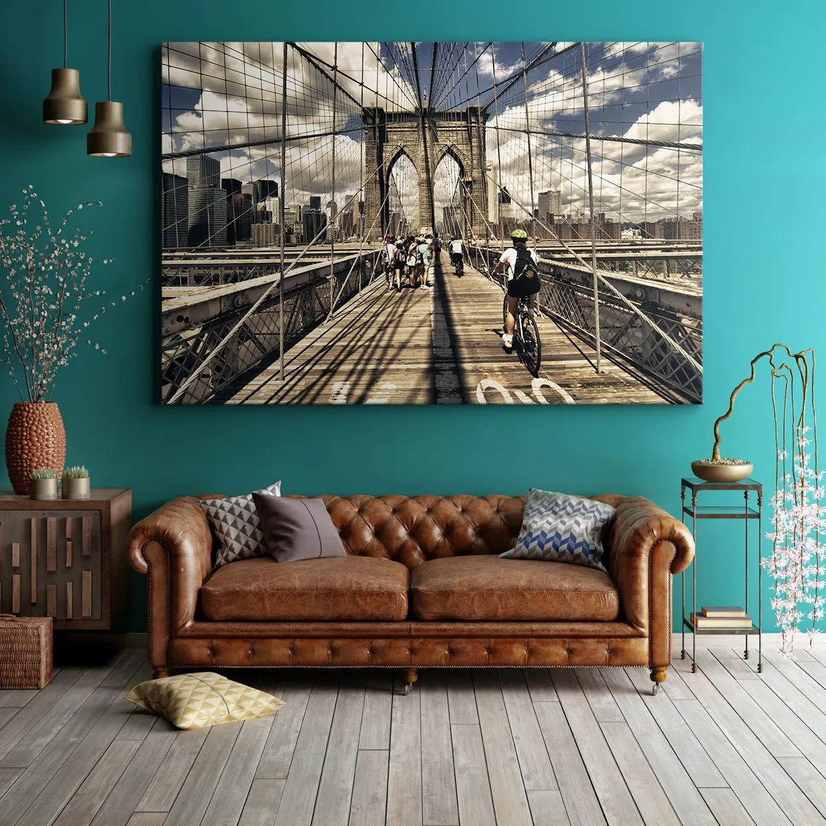 Impression sur toile - Image sur toile - Pont de Brooklyn avec vue sur les piétons et les cyclistes - 70x50cm - Directement en plein coeur de la ville - Décoration murale moderne pour le salon et la chambre ARTTOR