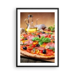 Affiche dans un cadre noir - Poster - Pizza appétissante aux olives et aux herbes sur une table en bois - 50x70cm - Avec une vraie saveur italienne - Décoration murale moderne pour le salon et la chambre ARTTOR