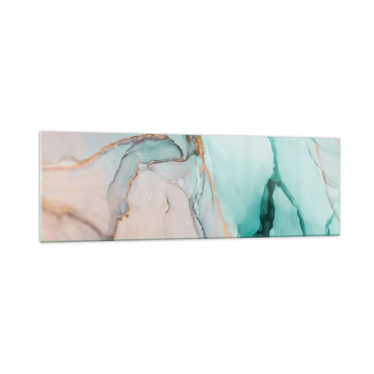 Impression sur verre - Image sur verre - Une composition abstraite dans des tons turquoise et or. - 160x50cm - Danse des formes et des couleurs - Décoration murale moderne pour le salon et la chambre ARTTOR