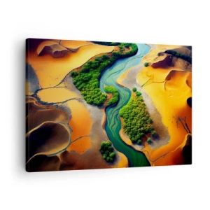 Impression sur toile - Image sur toile - Une rivière verte entourée de sable doré et de végétation - 70x50cm - Rivière vivifiante - Décoration murale moderne pour le salon et la chambre ARTTOR