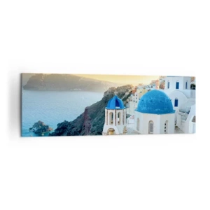 Impression sur toile - Image sur toile - Vue de Santorin avec des bâtiments blancs et une mer bleue - 160x50cm - Santorin - blotti contre les rochers - Décoration murale moderne pour le salon et la chambre ARTTOR