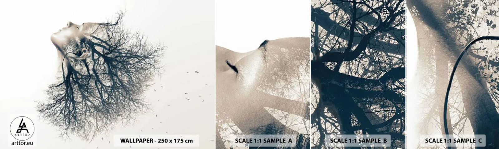 Échantillon de Papier Peint Autocollant Deluxe Sticker - Écouter le murmure des arbres - Abstraction, Visage de femme, Arbre - 100x30 cm