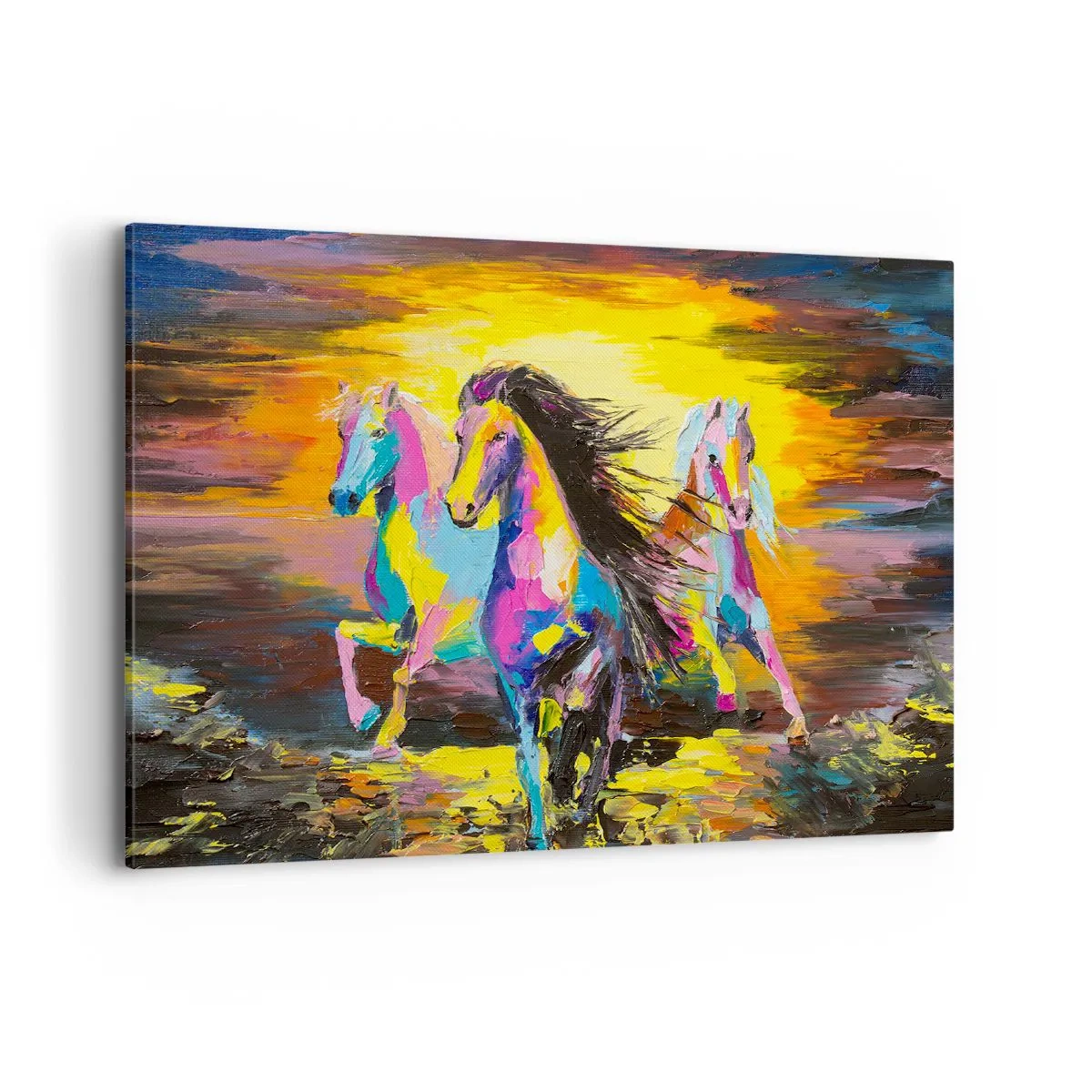 Impression sur toile - Image sur toile - Chevaux colorés galopant sur fond de soleil couchant - 100x70cm - Immergé dans l'arc-en-ciel - Décoration murale moderne pour le salon et la chambre ARTTOR
