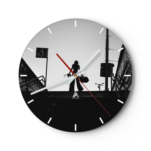 Horloge murale - Pendule murale - Silhouette d'une femme dans les escaliers dans une photo contrastée en noir et blanc - 30x30cm - Pèlerinage urbain - Décoration murale moderne pour le salon, la cuisine et la chambre ARTTOR