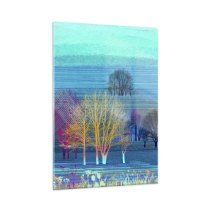 Impression sur verre - Image sur verre - Un paysage coloré avec des arbres sur un fond de tons bleus - 50x70cm - Un paysage soigné - Décoration murale moderne pour le salon et la chambre ARTTOR
