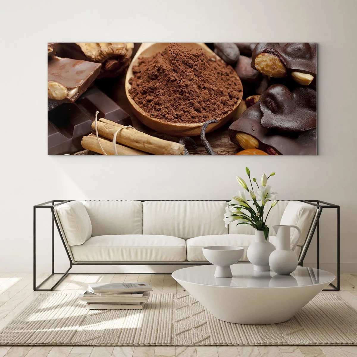 Impression sur verre - Image sur verre - Une cuillerée d'ingrédients à base de cacao et de chocolat dans un arrangement rustique - 160x50cm - La meilleure pour les chagrins - Décoration murale moderne pour le salon et la chambre ARTTOR
