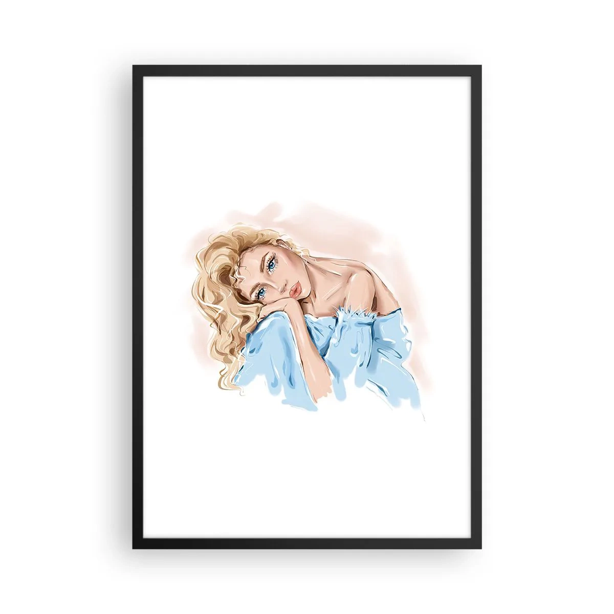 Affiche dans un cadre noir - Poster - Un portrait subtil d'une femme aux couleurs délicates - 50x70cm - Rêveuse en bleu - Décoration murale moderne pour le salon et la chambre ARTTOR