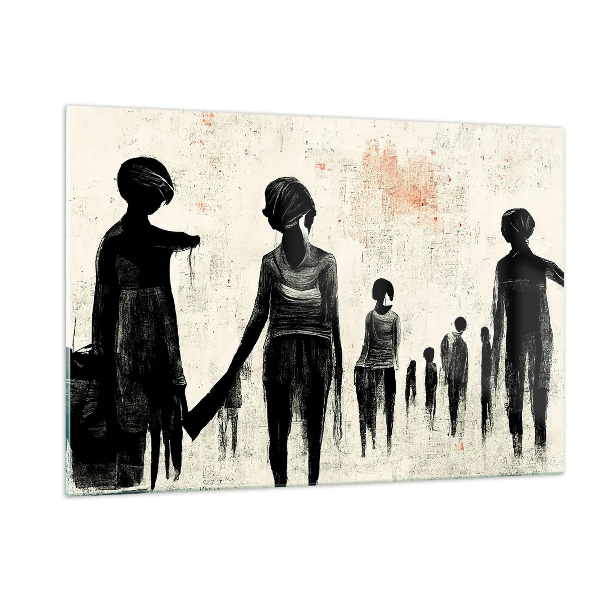 Impression sur verre - Image sur verre - Figures noires en mouvement sur un fond clair avec une texture rouge - 120x80cm - Contre la solitude - Décoration murale moderne pour le salon et la chambre ARTTOR