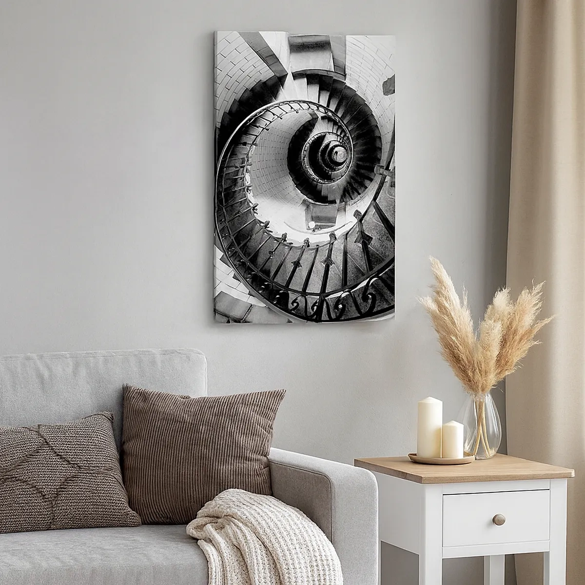 Impression sur toile - Image sur toile - Photographie en noir et blanc d'un escalier en colimaçon avec une perspective de haut en bas - 50x70cm - De plus en plus haut - Décoration murale moderne pour le salon et la chambre ARTTOR