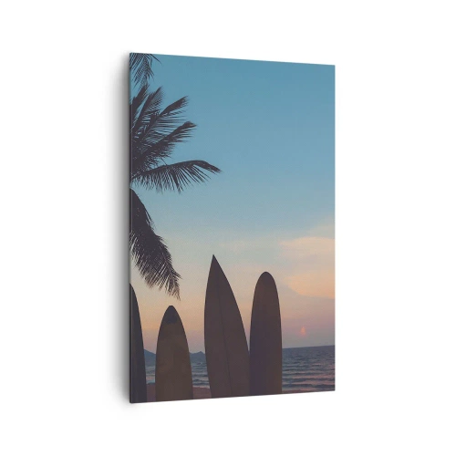 Impression sur toile - Image sur toile - Planches de surf sur fond de palmier et de coucher de soleil - 80x120cm - Demain sera amusant aussi - Décoration murale moderne pour le salon et la chambre ARTTOR