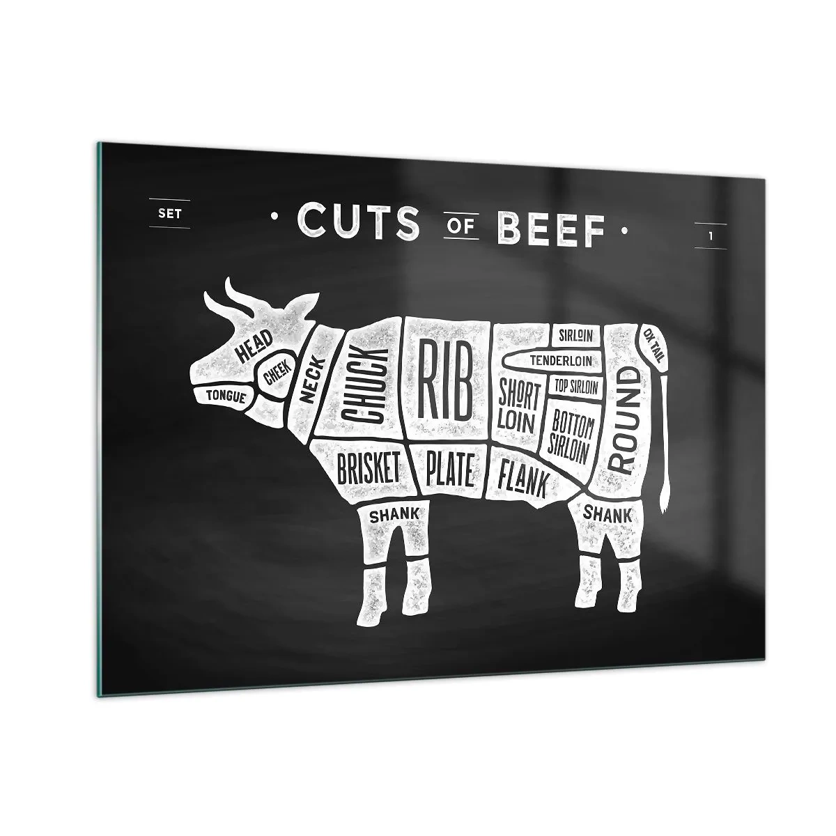 Impression sur verre - Image sur verre - Diagramme de coupe de bœuf sur un tableau noir - 100x70cm - L'art de la découpe - Décoration murale moderne pour le salon et la chambre ARTTOR