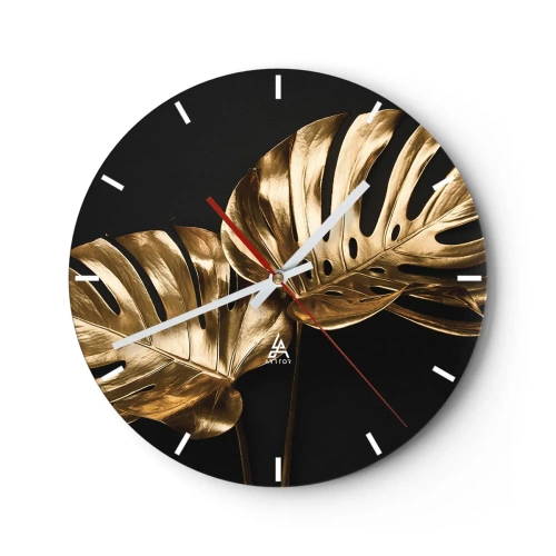 Horloge murale - Pendule murale - Feuilles de monstera dorées sur fond noir dans une composition élégante - 30x30cm - Les trésors de la nature - Décoration murale moderne pour le salon, la cuisine et la chambre ARTTOR