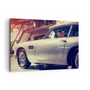 Impression sur toile - Image sur toile - Une voiture classique dans un garage élégant avec un intérieur industriel - 100x70cm - Les classiques ne vieillissent pas - Décoration murale moderne pour le salon et la chambre ARTTOR