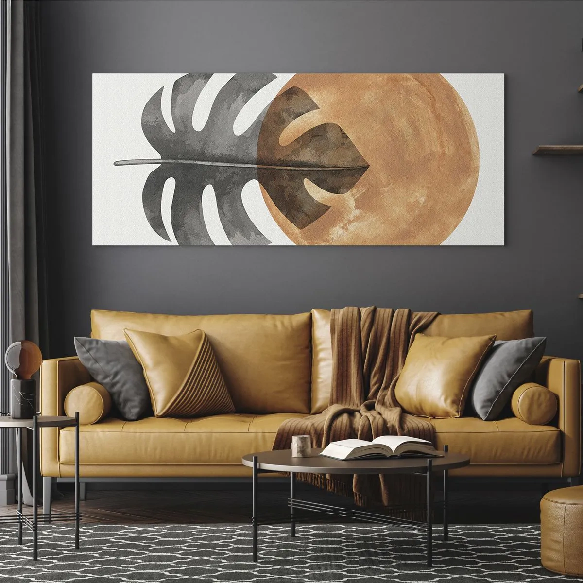 Impression sur verre - Image sur verre - Feuille de Monstera et cercle doré sur fond clair - 140x50cm - Toujours le soleil - Décoration murale moderne pour le salon et la chambre ARTTOR