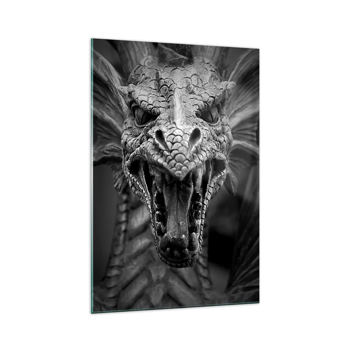 Impression sur verre - Image sur verre - Une tête de dragon menaçante en noir et blanc avec des détails expressifs. - 70x100cm - Un dragon imaginaire grisâtre - Décoration murale moderne pour le salon et la chambre ARTTOR