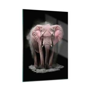 Impression sur verre - Image sur verre - Un éléphant rose sur fond noir entouré d'un nuage de poussière. - 50x70cm - Ne pensez pas à un éléphant rose ! - Décoration murale moderne pour le salon et la chambre ARTTOR